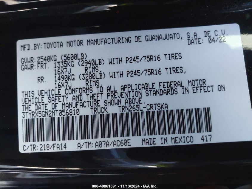 2022 Toyota Tacoma Sr VIN: 3TYRX5GN2NT056810 Lot: 40861591