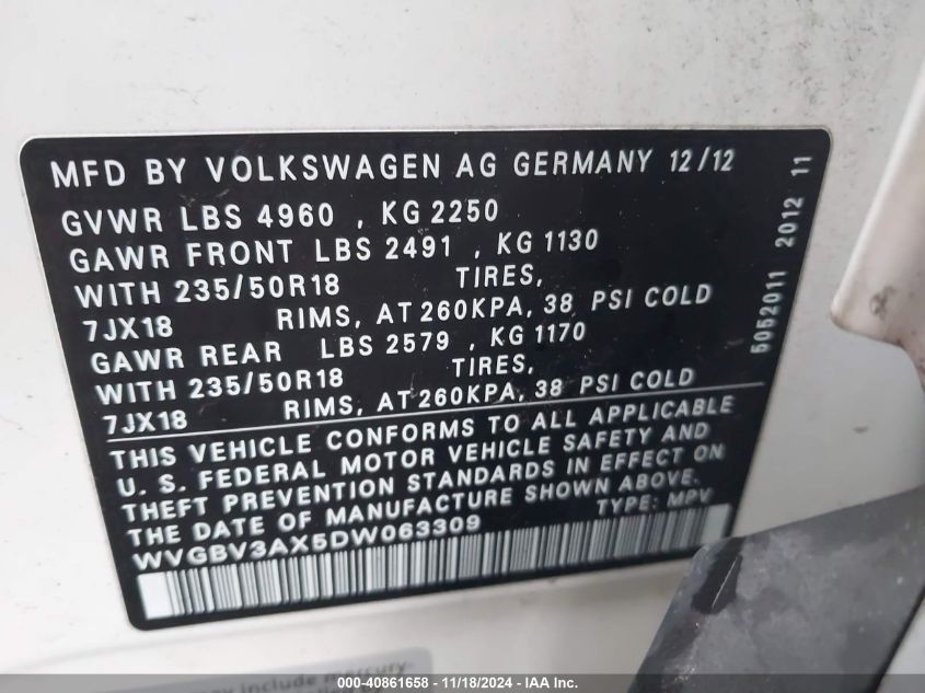 2013 Volkswagen Tiguan Se VIN: WVGBV3AX5DW063309 Lot: 40861658