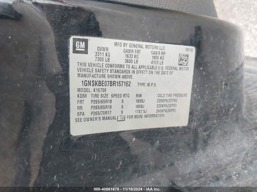 2011 CHEVROLET TAHOE VIN: 1GNSKBE07BR167162