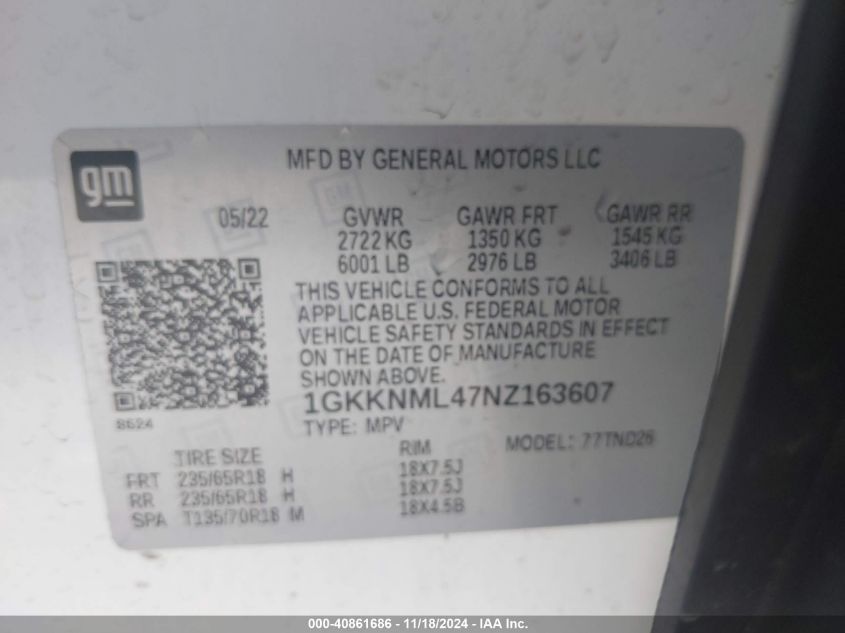 2022 GMC Acadia Slt VIN: 1GKKNML47NZ163607 Lot: 40861686