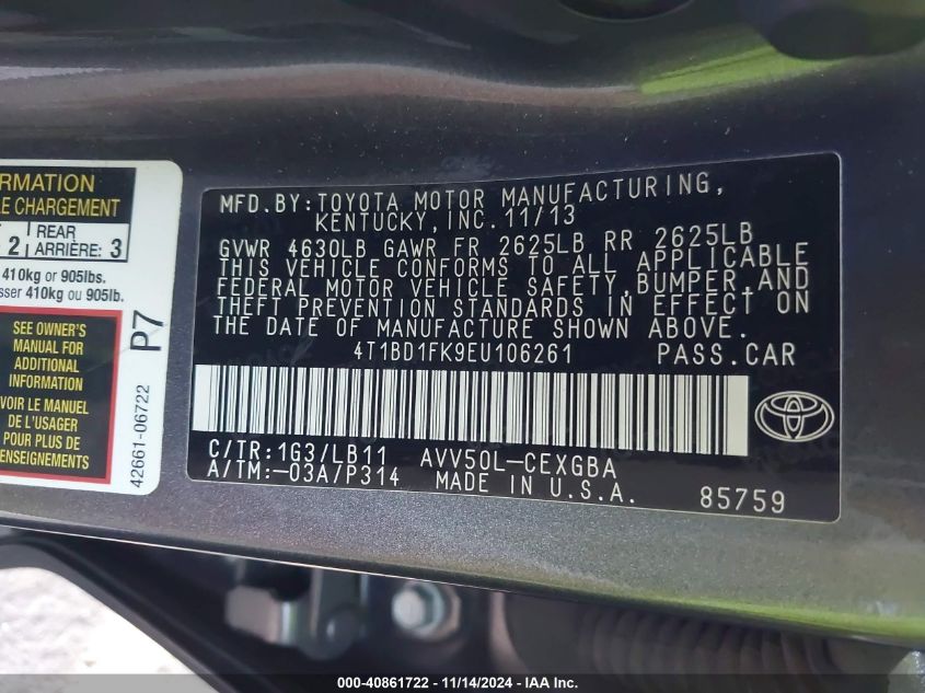 VIN 4T1BD1FK9EU106261 2014 TOYOTA CAMRY HYBRID no.9