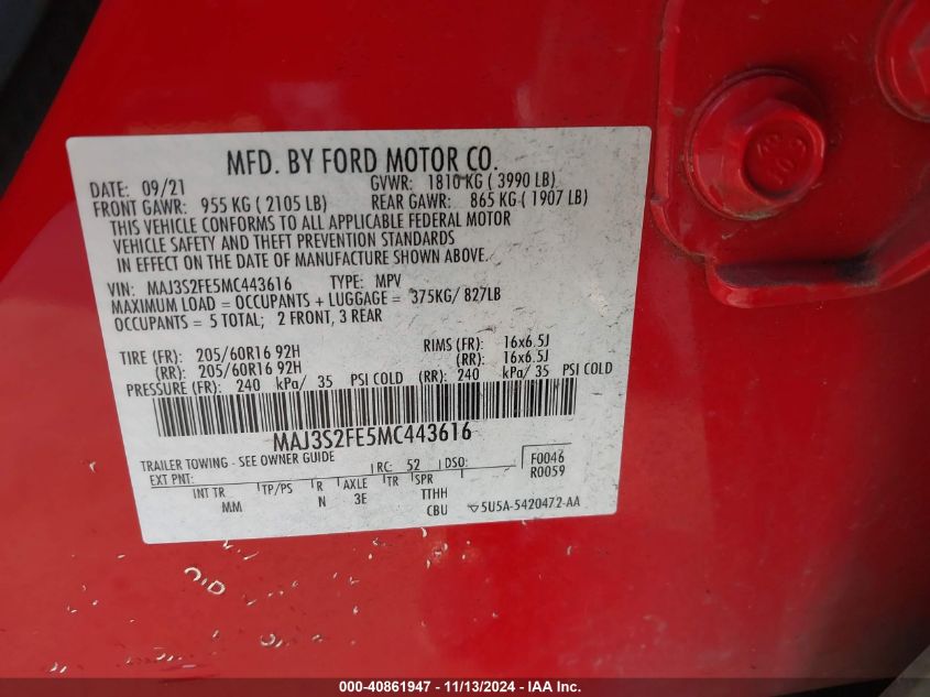 VIN MAJ3S2FE5MC443616 2021 Ford Ecosport, S no.9