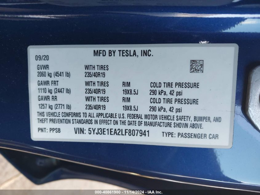 2020 Tesla Model 3 Standard Range Plus Rear-Wheel Drive/Standard Range Rear-Wheel Drive VIN: 5YJ3E1EA2LF807941 Lot: 40861980