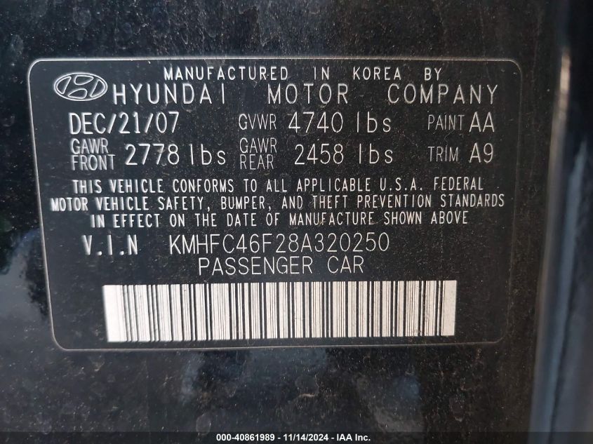 2008 Hyundai Azera Limited VIN: KMHFC46F28A320250 Lot: 40861989