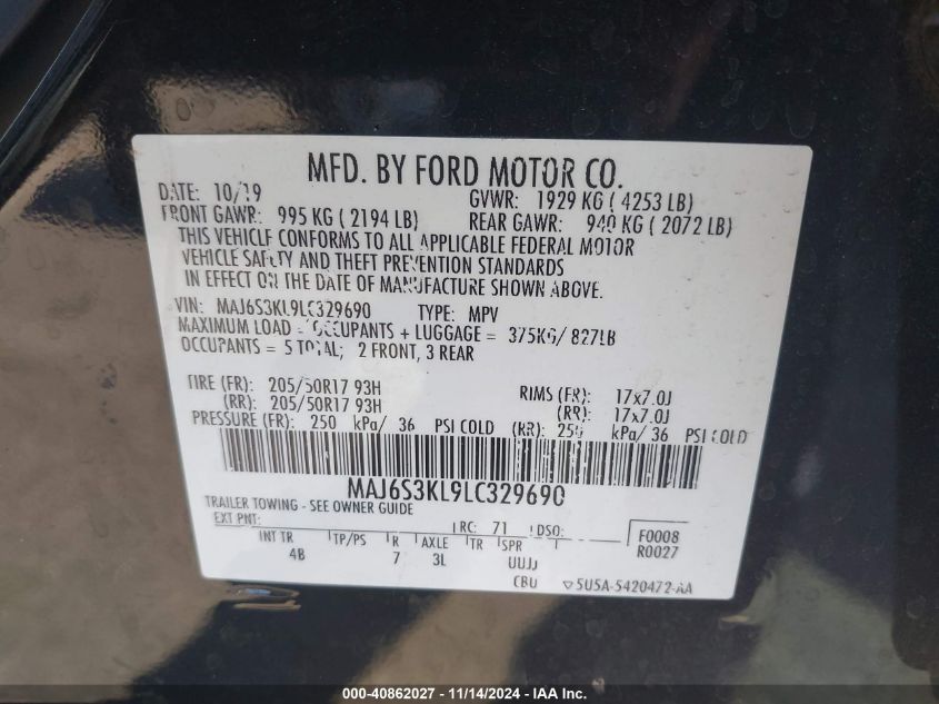 2020 Ford Ecosport Titanium VIN: MAJ6S3KL9LC329690 Lot: 40862027