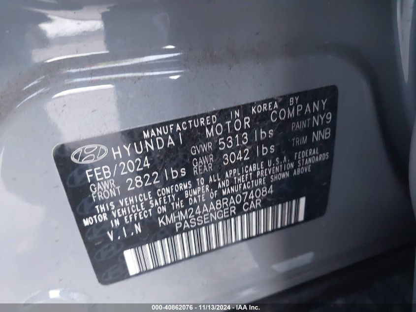 2024 Hyundai Ioniq 6 Se VIN: KMHM24AA8RA074084 Lot: 40862076