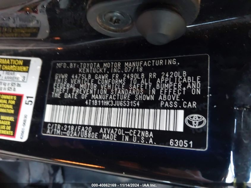 2018 TOYOTA CAMRY VIN: 4T1B11HK3JU653154