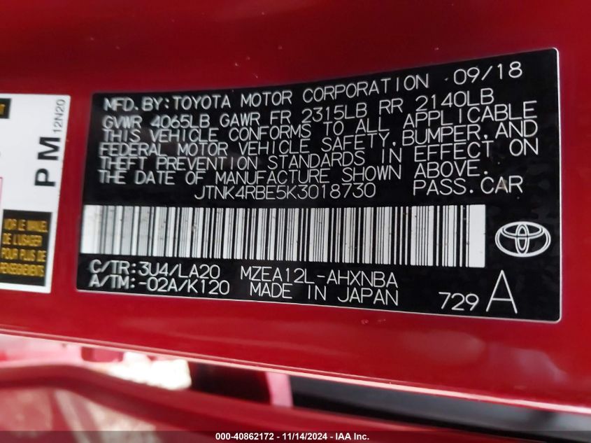 2019 TOYOTA COROLLA VIN: JTNK4RBE5K3018730