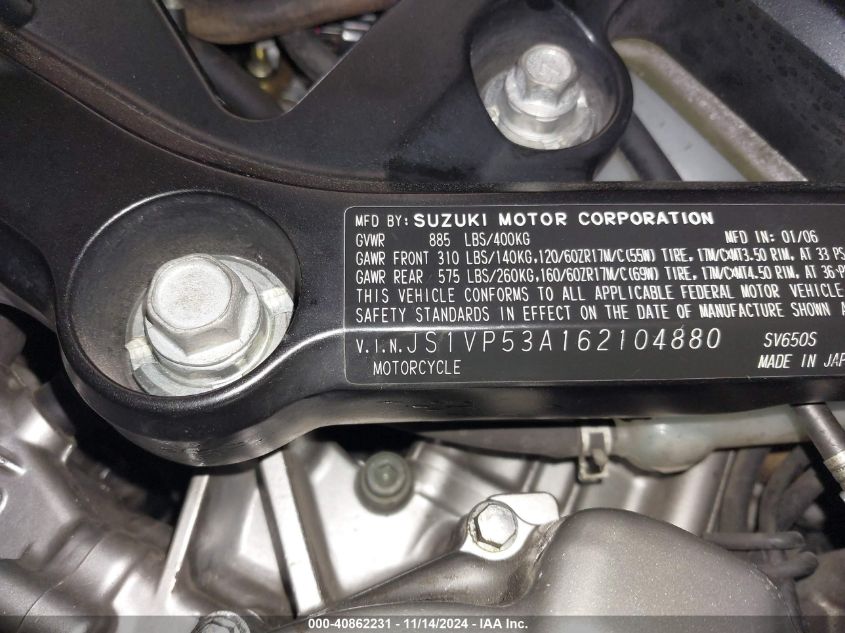 2006 Suzuki Sv650 VIN: JS1VP53A162104880 Lot: 40862231