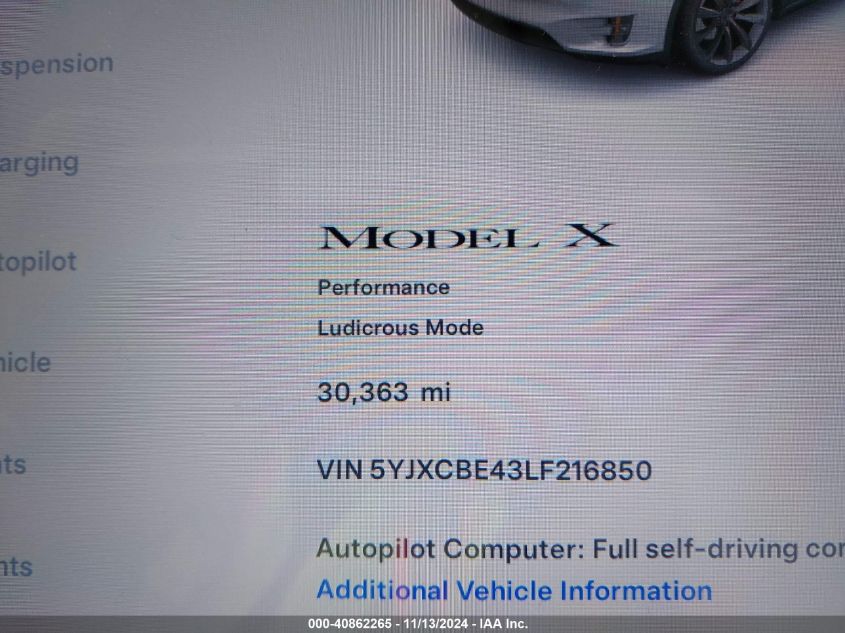 2020 Tesla Model X Performance Dual Motor All-Wheel Drive VIN: 5YJXCBE43LF216850 Lot: 40862265