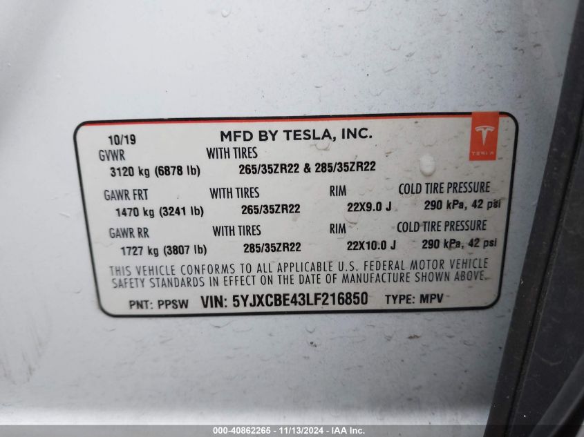 2020 Tesla Model X Performance Dual Motor All-Wheel Drive VIN: 5YJXCBE43LF216850 Lot: 40862265