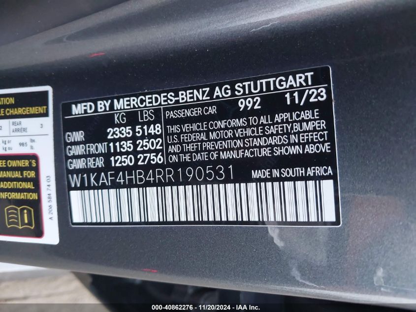 2024 Mercedes-Benz C 300 VIN: W1KAF4HB4RR190531 Lot: 40862276