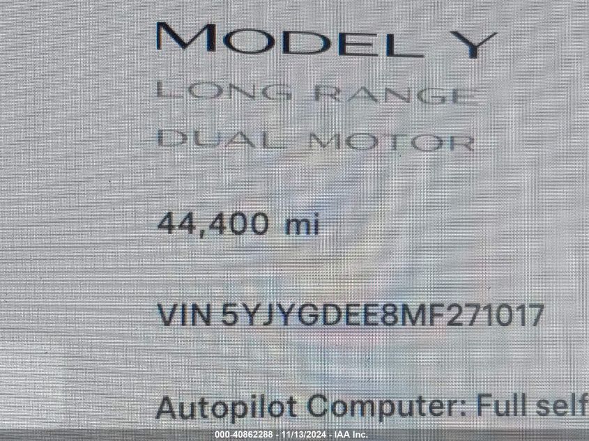 2021 Tesla Model Y Long Range Dual Motor All-Wheel Drive VIN: 5YJYGDEE8MF271017 Lot: 40862288