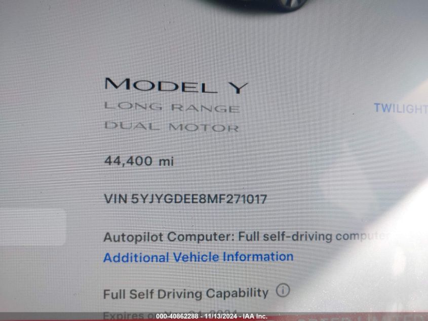 2021 Tesla Model Y Long Range Dual Motor All-Wheel Drive VIN: 5YJYGDEE8MF271017 Lot: 40862288