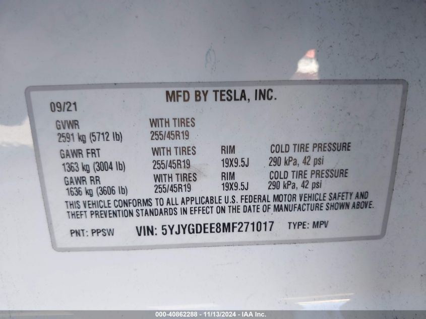 2021 Tesla Model Y Long Range Dual Motor All-Wheel Drive VIN: 5YJYGDEE8MF271017 Lot: 40862288