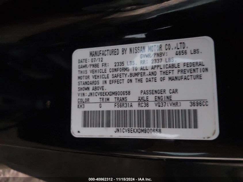 2013 Infiniti G37 Sport VIN: JN1CV6EKXDM900658 Lot: 40862312