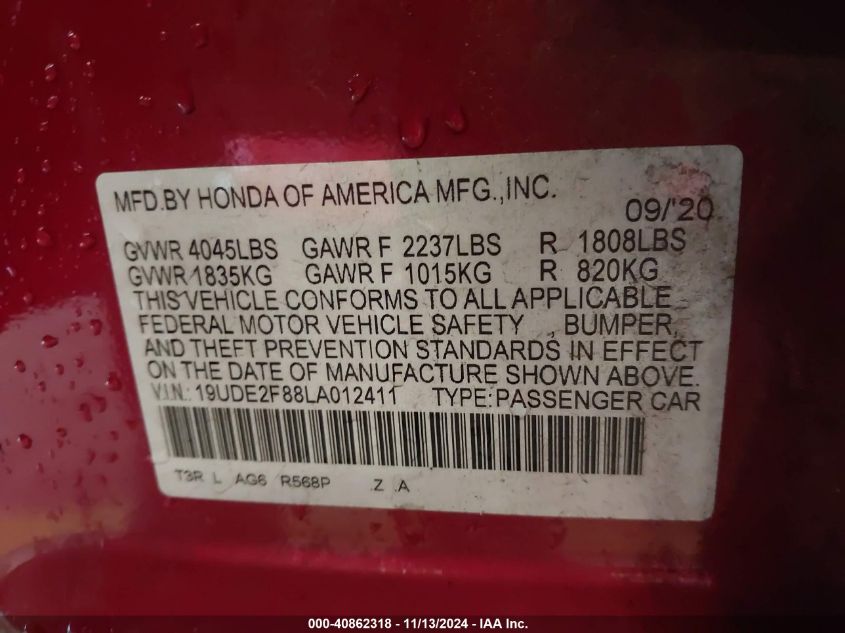 2020 Acura Ilx Premium A-Spec Packages/Technology A-Spec Packages VIN: 19UDE2F88LA012411 Lot: 40862318