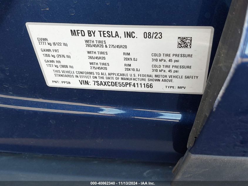 2023 Tesla Model X Dual Motor All-Wheel Drive/Standard Range VIN: 7SAXCDE55PF411166 Lot: 40862340