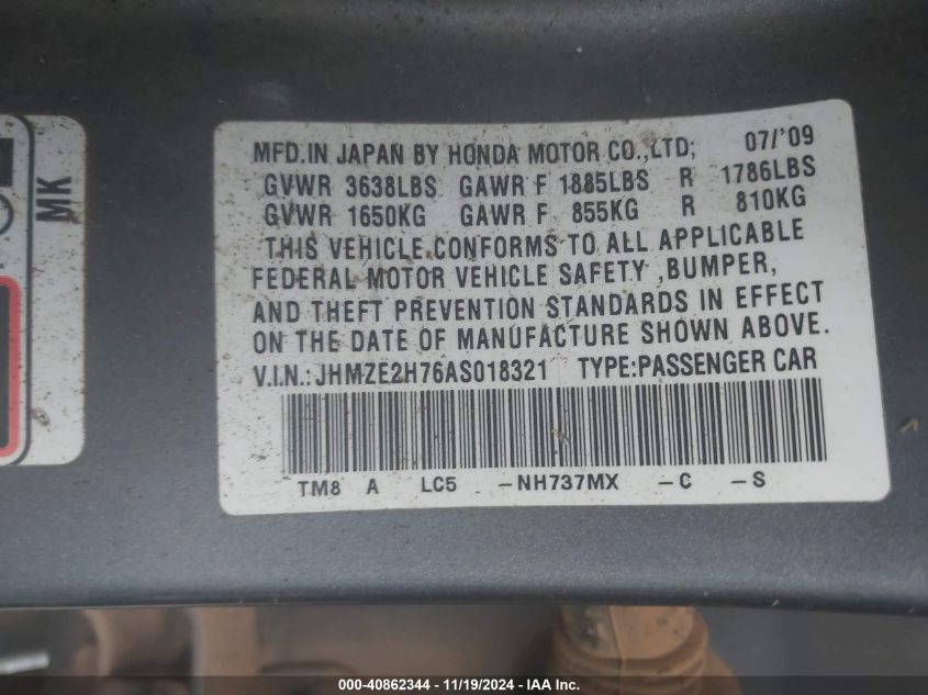 2010 Honda Insight Ex VIN: JHMZE2H76AS018321 Lot: 40862344