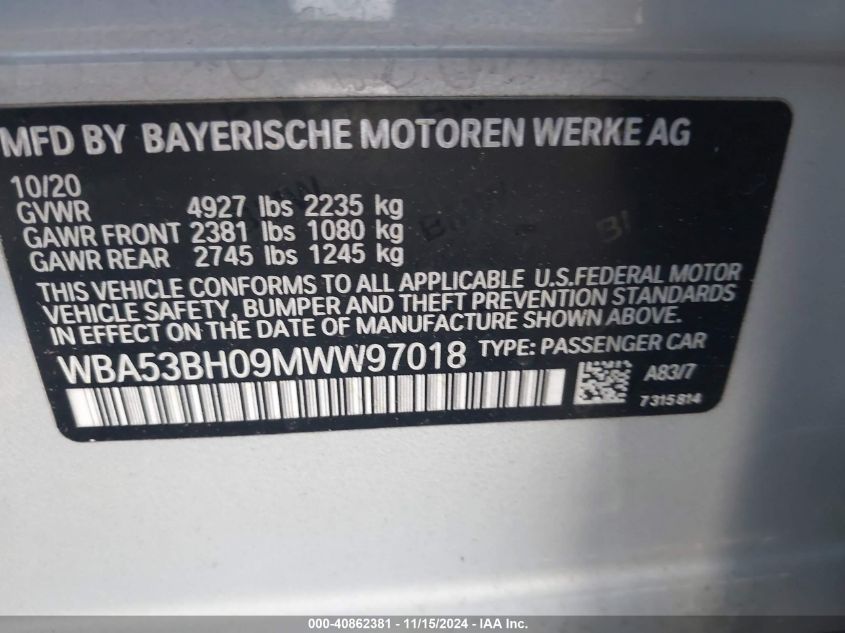 VIN WBA53BH09MWW97018 2021 BMW 5 Series, 530I no.9