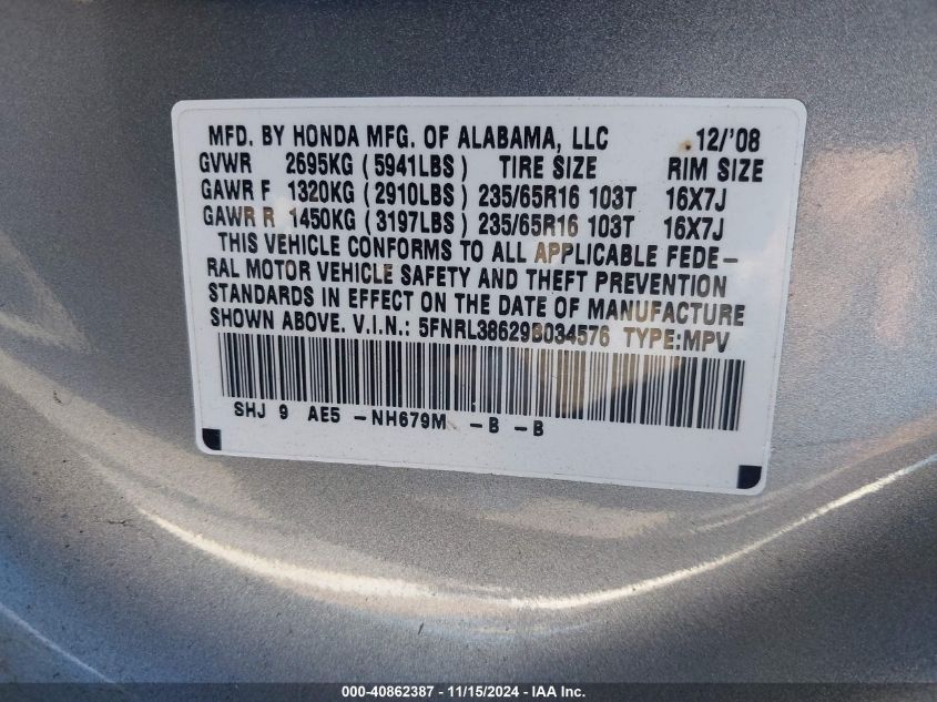 2009 Honda Odyssey Ex-L VIN: 5FNRL38629B034576 Lot: 40862387