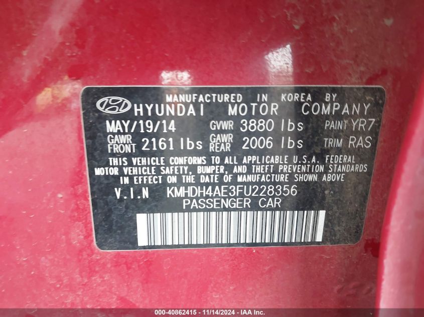 2015 Hyundai Elantra Limited VIN: KMHDH4AE3FU228356 Lot: 40862415