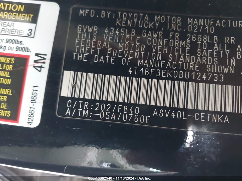 2011 TOYOTA CAMRY VIN: 4T1BF3EK0BU124733