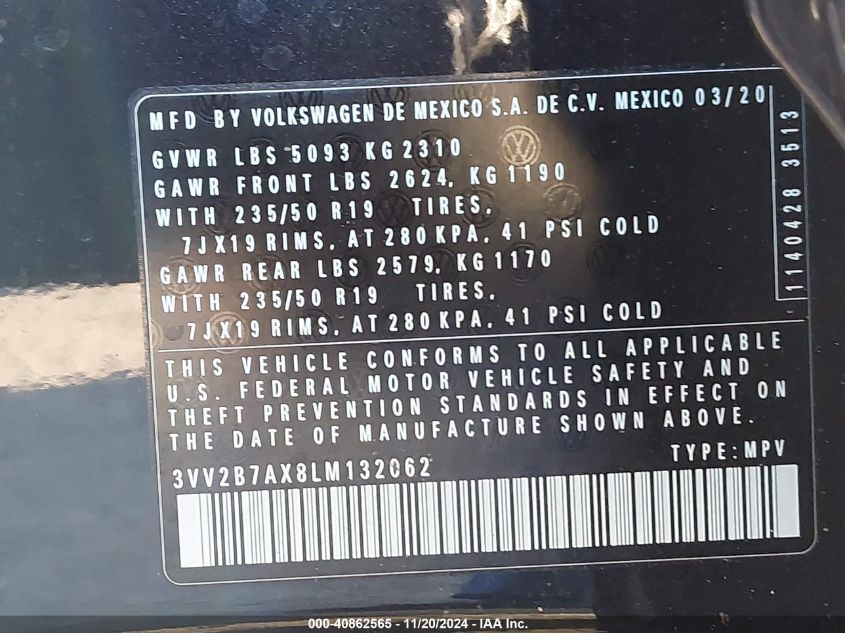 VIN 3VV2B7AX8LM132062 2020 VOLKSWAGEN TIGUAN 2.0T SE/2.0T SE R-LINE BLACK/2.0T SEL