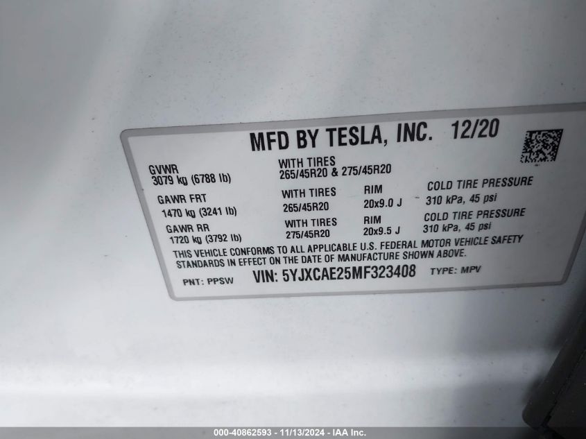 2021 Tesla Model X Long Range Dual Motor All-Wheel Drive/Long Range Plus Dual Motor All-Wheel Drive VIN: 5YJXCAE25MF323408 Lot: 40862593