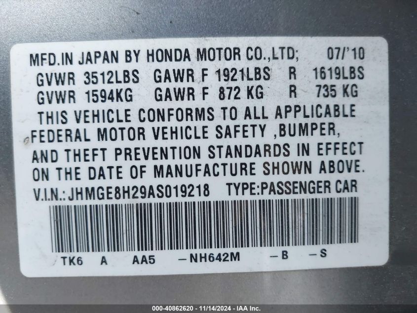 2010 Honda Fit VIN: JHMGE8H29AS019218 Lot: 40862620