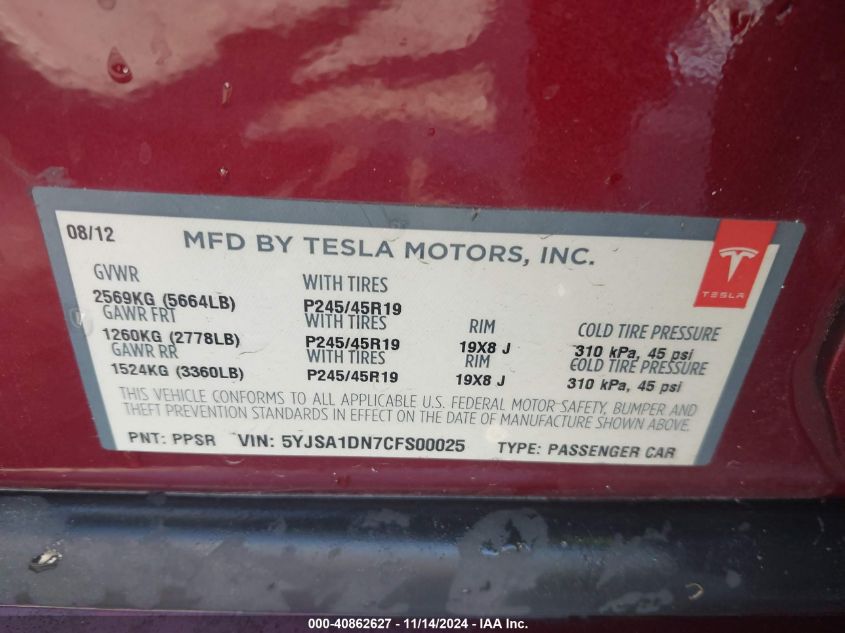 2012 Tesla Model S Signature VIN: 5YJSA1DN7CFS00025 Lot: 40862627