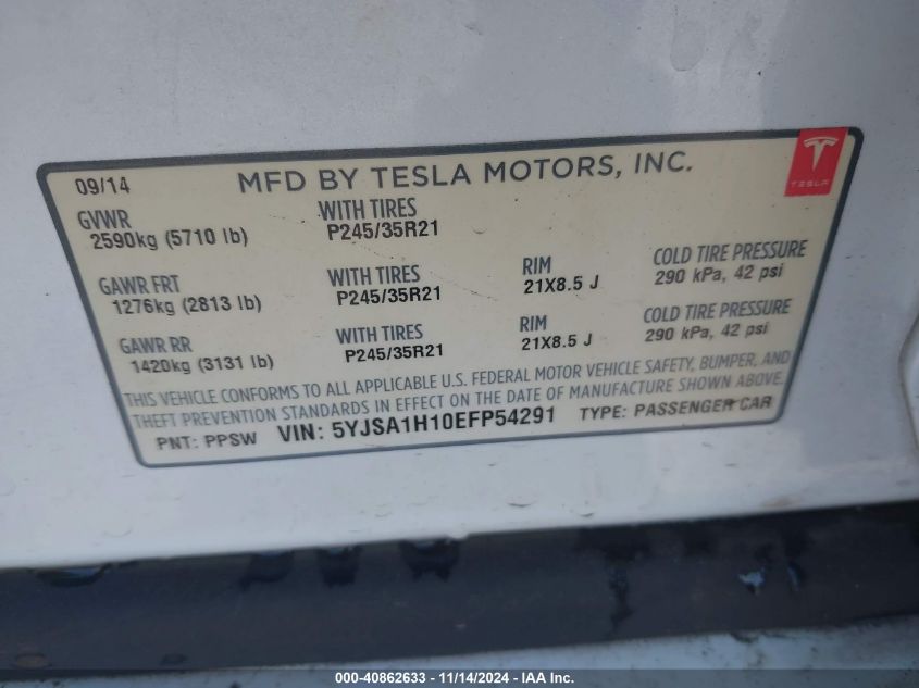 2014 Tesla Model S P85 VIN: 5YJSA1H10EFP54291 Lot: 40862633