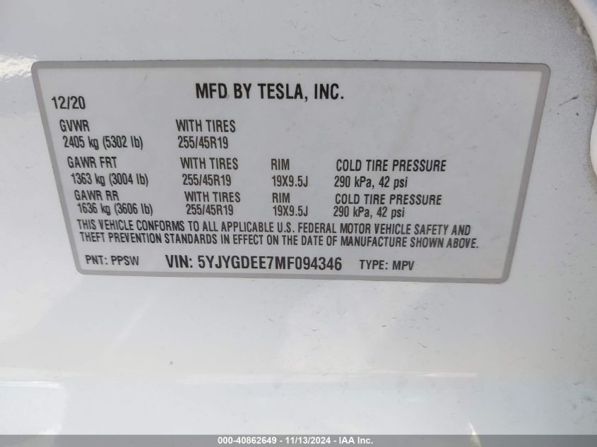 2021 Tesla Model Y Long Range Dual Motor All-Wheel Drive VIN: 5YJYGDEE7MF094346 Lot: 40862649