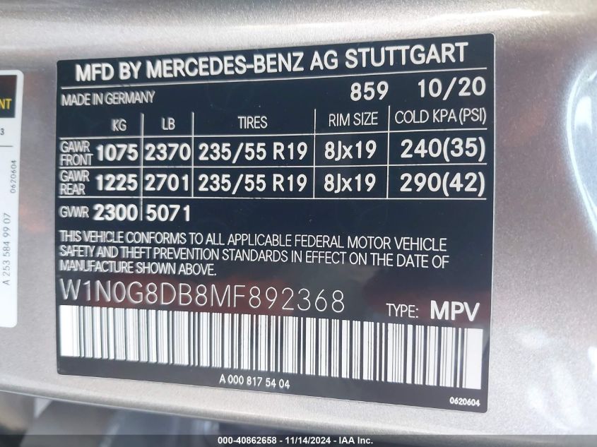 VIN W1N0G8DB8MF892368 2021 Mercedes-Benz GLC 300, Suv no.9