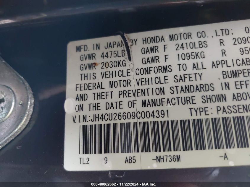 2009 Acura Tsx VIN: JH4CU26609C004391 Lot: 40862662