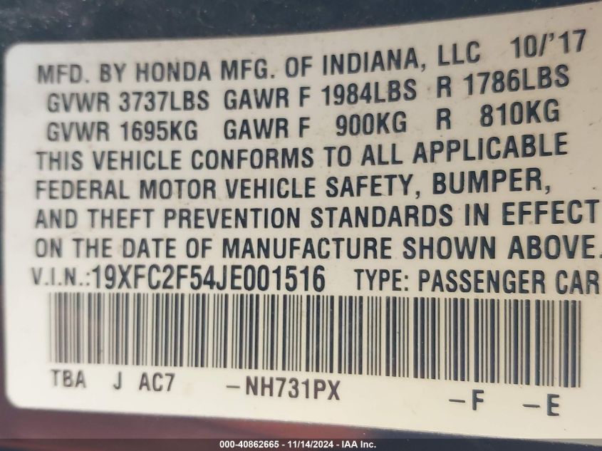 2018 Honda Civic Lx VIN: 19XFC2F54JE001516 Lot: 40862665