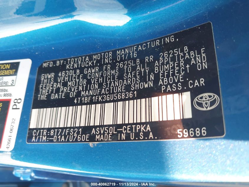 2016 TOYOTA CAMRY SE - 4T1BF1FK3GU568361