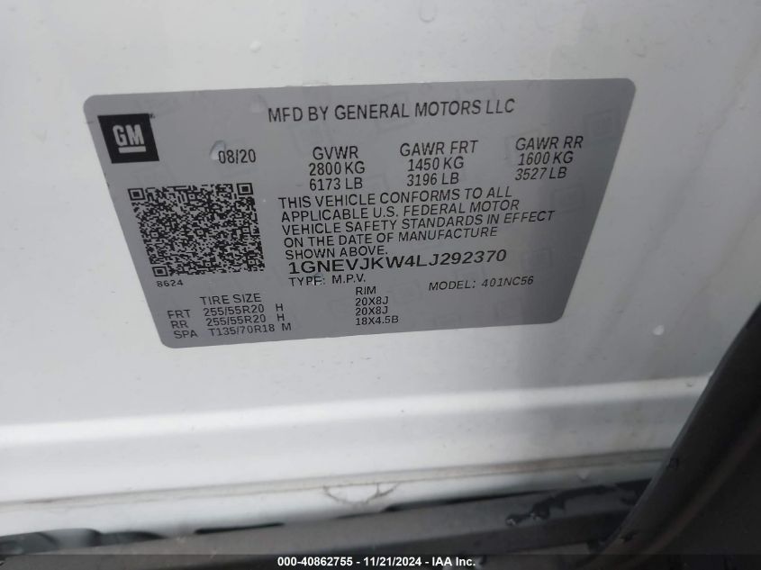 2020 CHEVROLET TRAVERSE AWD RS - 1GNEVJKW4LJ292370