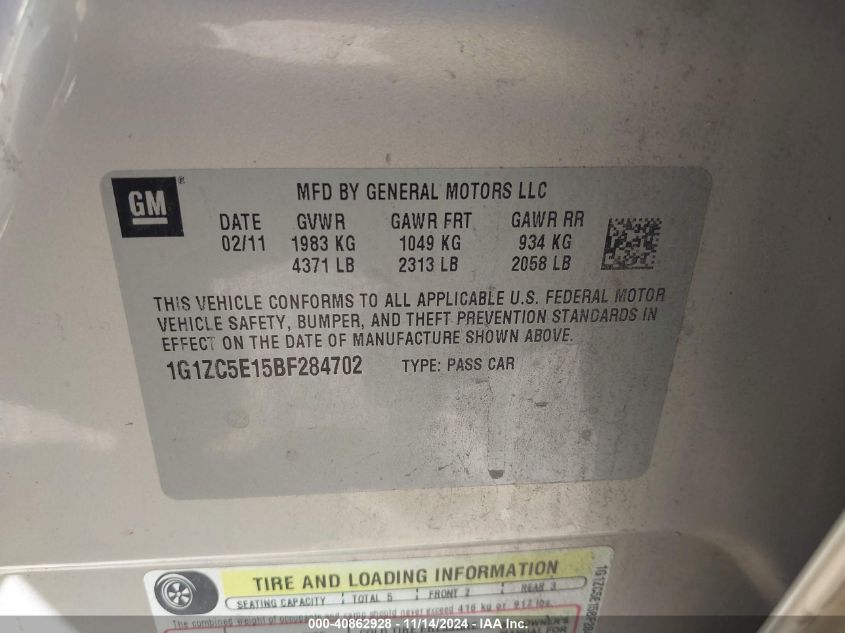 2011 Chevrolet Malibu 1Lt VIN: 1G1ZC5E15BF284702 Lot: 40862928