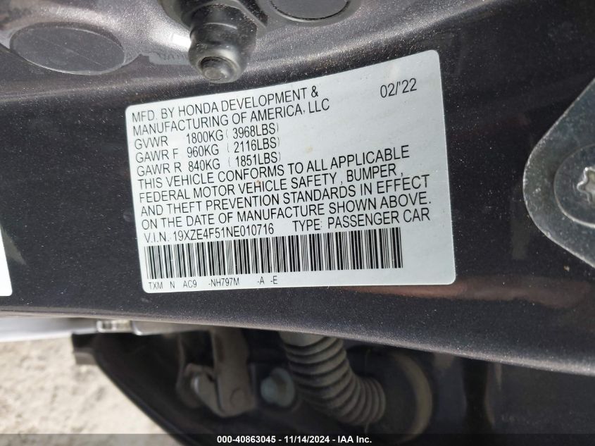 2022 Honda Insight Ex VIN: 19XZE4F51NE010716 Lot: 40863045