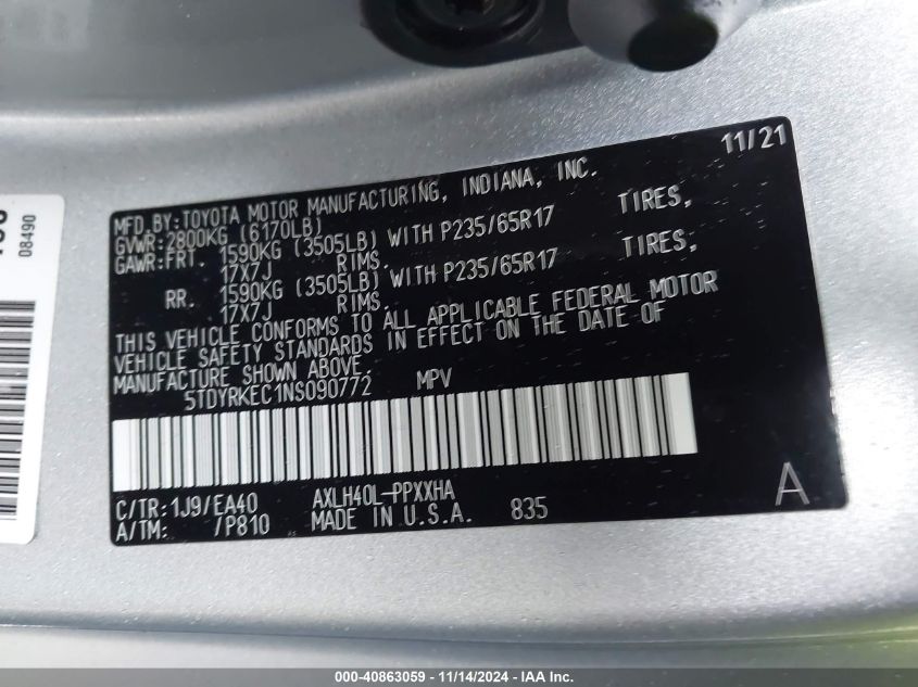 VIN 5TDYRKEC1NS090772 2022 TOYOTA SIENNA XLE