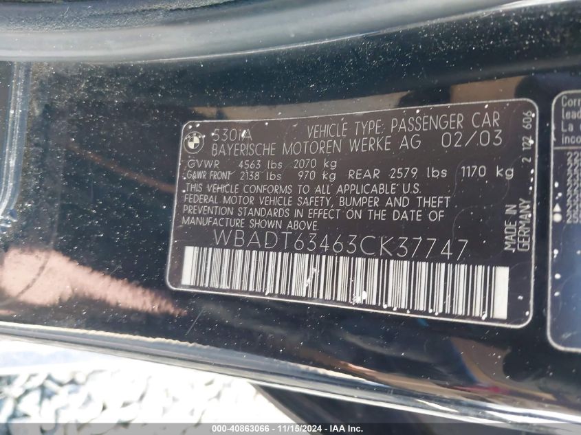 2003 BMW 530Ia VIN: WBADT63463CK37747 Lot: 40863066