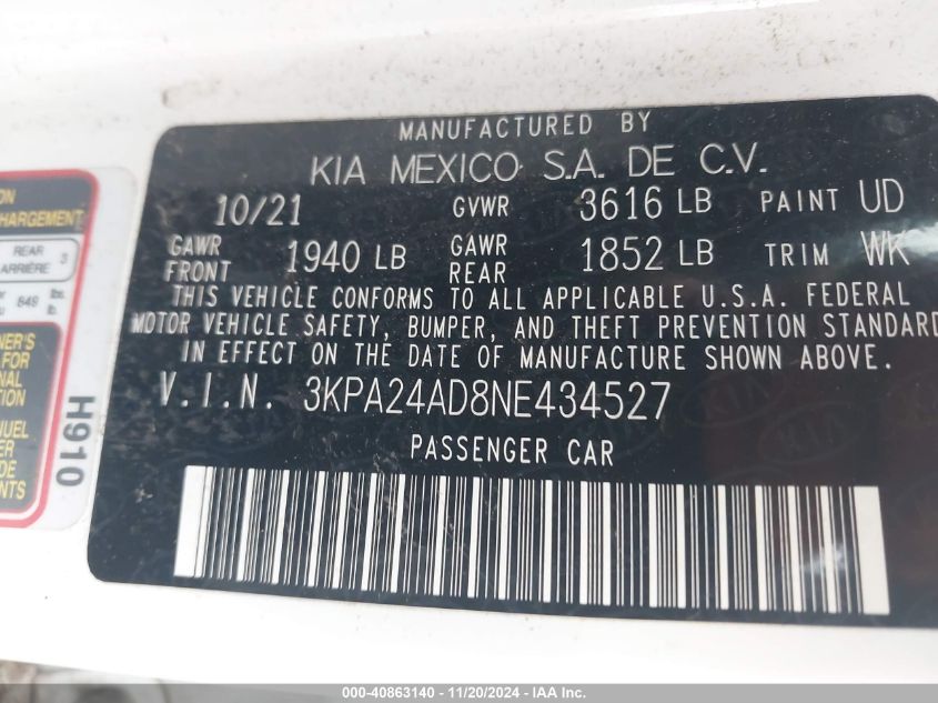 2022 Kia Rio Lx VIN: 3KPA24AD8NE434527 Lot: 40863140