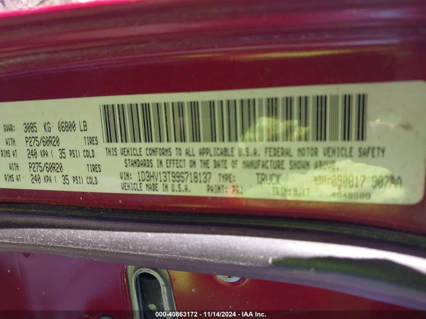 2009 Dodge Ram 1500 Slt/Sport/Trx VIN: 1D3HV13T99S718137 Lot: 40863172