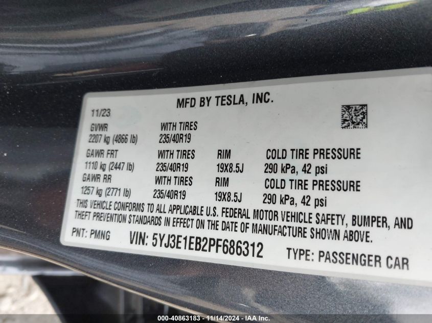 2023 Tesla Model 3 Long Range Dual Motor All-Wheel Drive VIN: 5YJ3E1EB2PF686312 Lot: 40863183