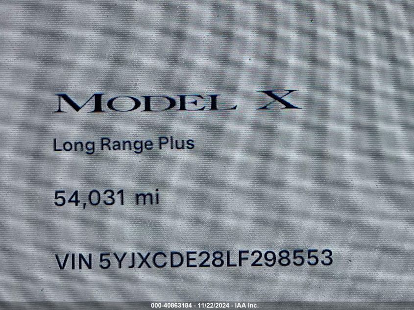 2020 Tesla Model X Long Range Dual Motor All-Wheel Drive/Long Range Plus Dual Motor All-Wheel Drive VIN: 5YJXCDE28LF298553 Lot: 40863184