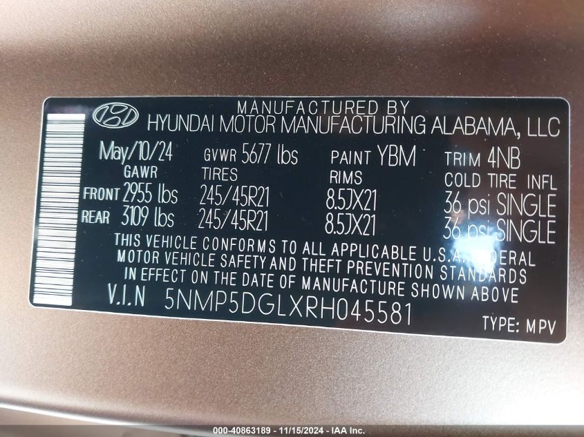 2024 Hyundai Santa Fe Calligraphy VIN: 5NMP5DGLXRH045581 Lot: 40863189