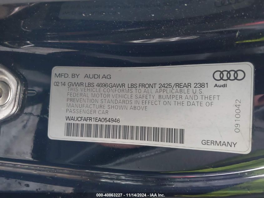 2014 Audi A5 2.0T Premium VIN: WAUCFAFR1EA054946 Lot: 40863227