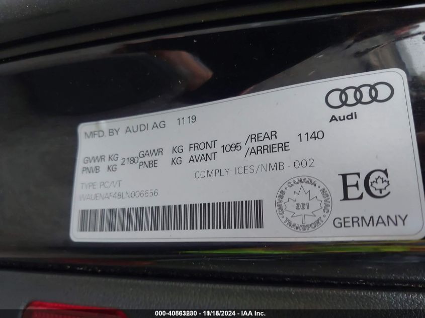 2020 AUDI A4 PREMIUM PLUS 45 TFSI QUATTRO S TRONIC - WAUENAF48LN006656