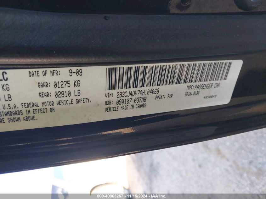 2010 Dodge Challenger Se VIN: 2B3CJ4DV7AH104068 Lot: 40863257